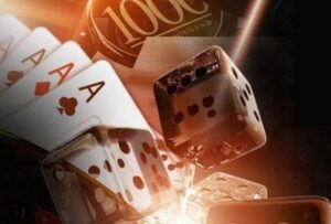 "Four aces and rolling dice with a glowing light effect, featuring a poker chip marked '1000' in the background, representing the excitement of 11xplay online betting.