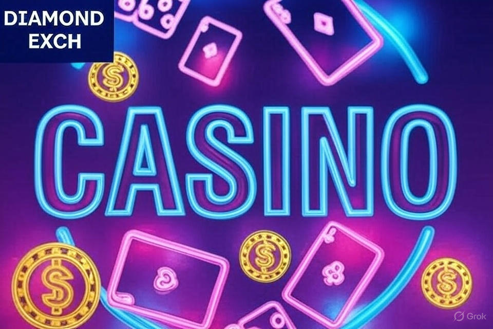 A vibrant promotional image for Diamond Exch Casino, featuring the text "DIAMOND EXCH" in white on a blue background in the top left corner. The word "CASINO" is prominently displayed in large, glowing blue neon letters at the center, surrounded by scattered playing cards and gold coins with dollar signs, all set against a gradient purple background with neon blue and pink accents.