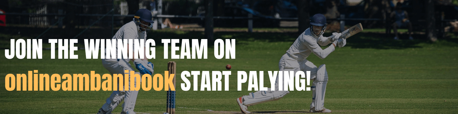 Two cricket players in action during a match with promotional text encouraging users to join Online Ambani Book and start playing.