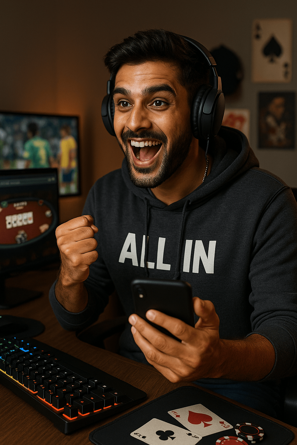 A young man wearing headphones and a hoodie that says "ALL IN" celebrates while using an online cricket ID and betting exchange platform on his phone and computer.