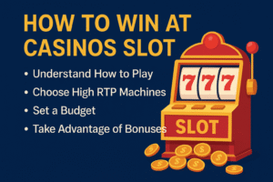 Illustration of a slot machine with coins and text tips on how to win at casinos slot, highlighting strategies like high RTP slots and budgeting.