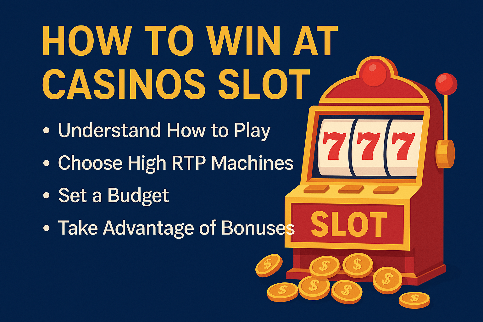 Top tips to win at  slots – Understand the game, choose high RTP machines, set a budget, and use bonuses wisely.