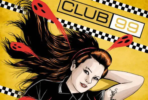 Illustration of a person with long hair and red ghost shapes, featuring the Club99 logo on a yellow and black checkered background, promoting Club99 ID service