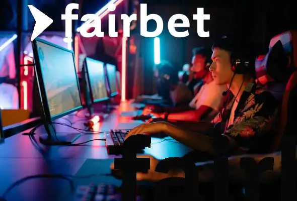 Fairbet promotional image featuring gamers in a neon-lit gaming setup with multiple computer screens, headsets, and the Fairbet logo in white with a blue arrow at the top left corner