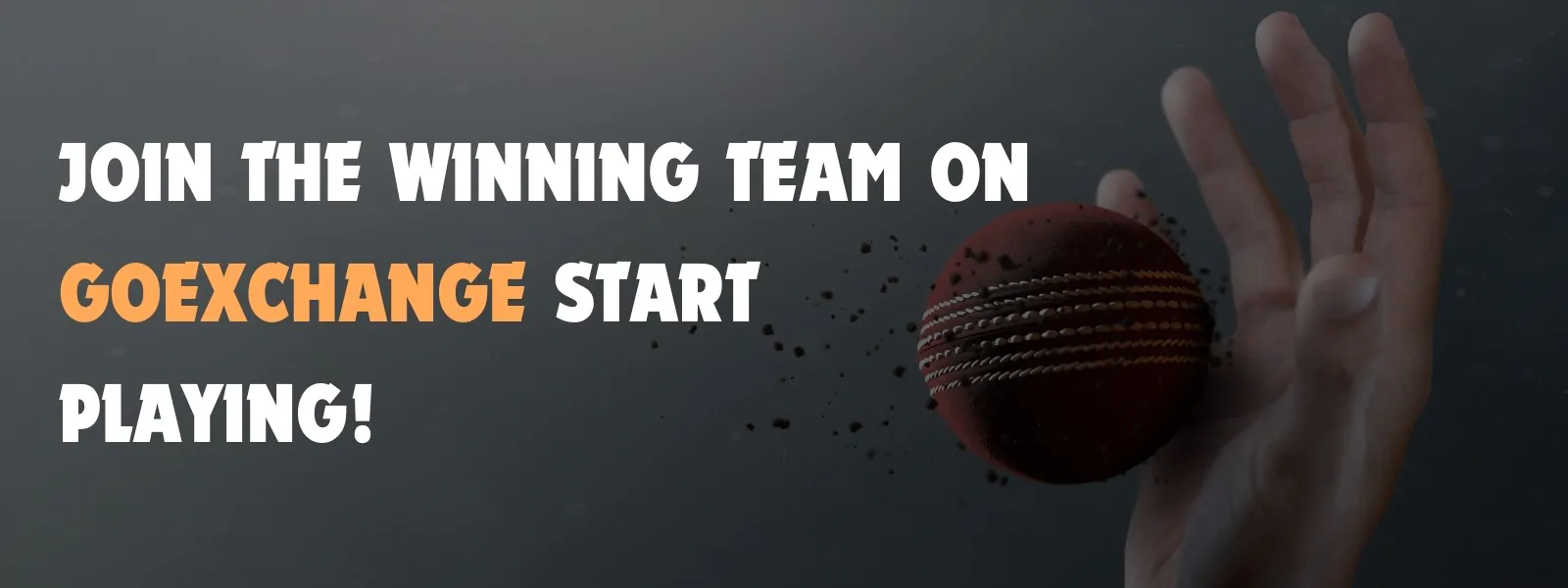 Promotional image of a hand tossing a cricket ball with text 'Join the Winning Team on Goexchange Start Playing!' on a dark background, advertising Goexchange betting services.