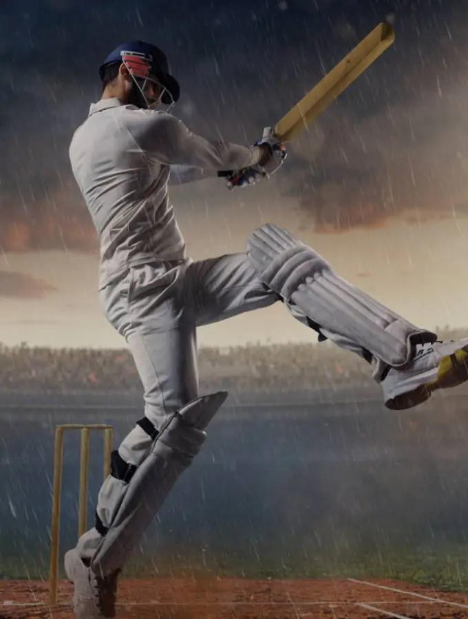 Cricketer hits aggressive shot in rain during stadium match, OnlineAmbaniBook betting action.
