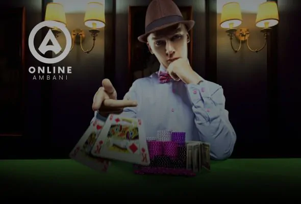 Professional card dealer showcasing casino chips and playing cards at Ambani Book platform.