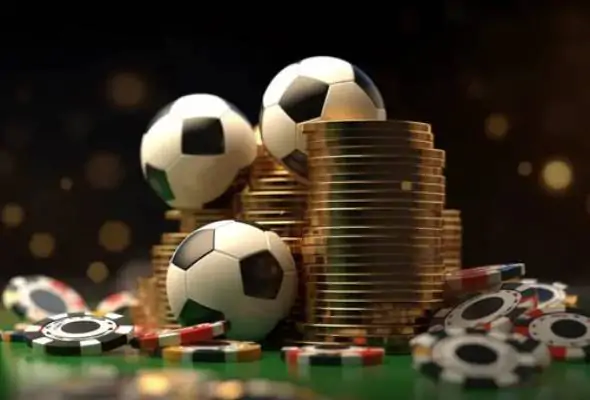 Goldbet7 betting concept with footballs, gold coins, and poker chips symbolizing secure online betting and big winnings.