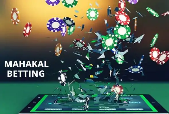 Casino chips bursting from tablet with text "Mahakal Betting" on green background for online betting.