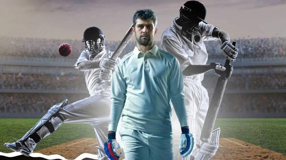Cricketer strides confidently onto field, dynamic batters in background, OnlineAmbaniBook live betting.