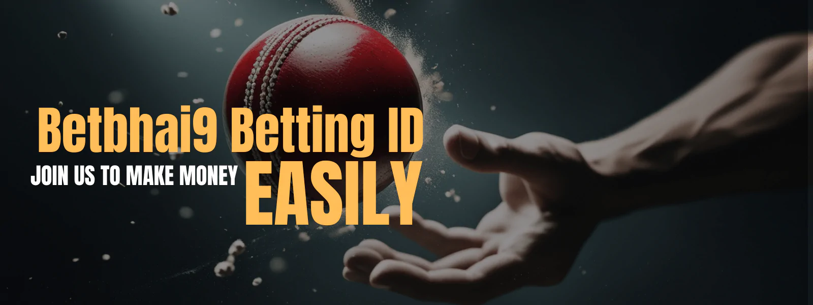 Hand holding cricket ball with text "Betbhai9 Betting ID - Join Us to Make Money Easily" on dark background.