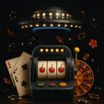 Silverexch casino slot machine with cherries, playing cards, roulette wheel, and poker chips under a glowing UFO