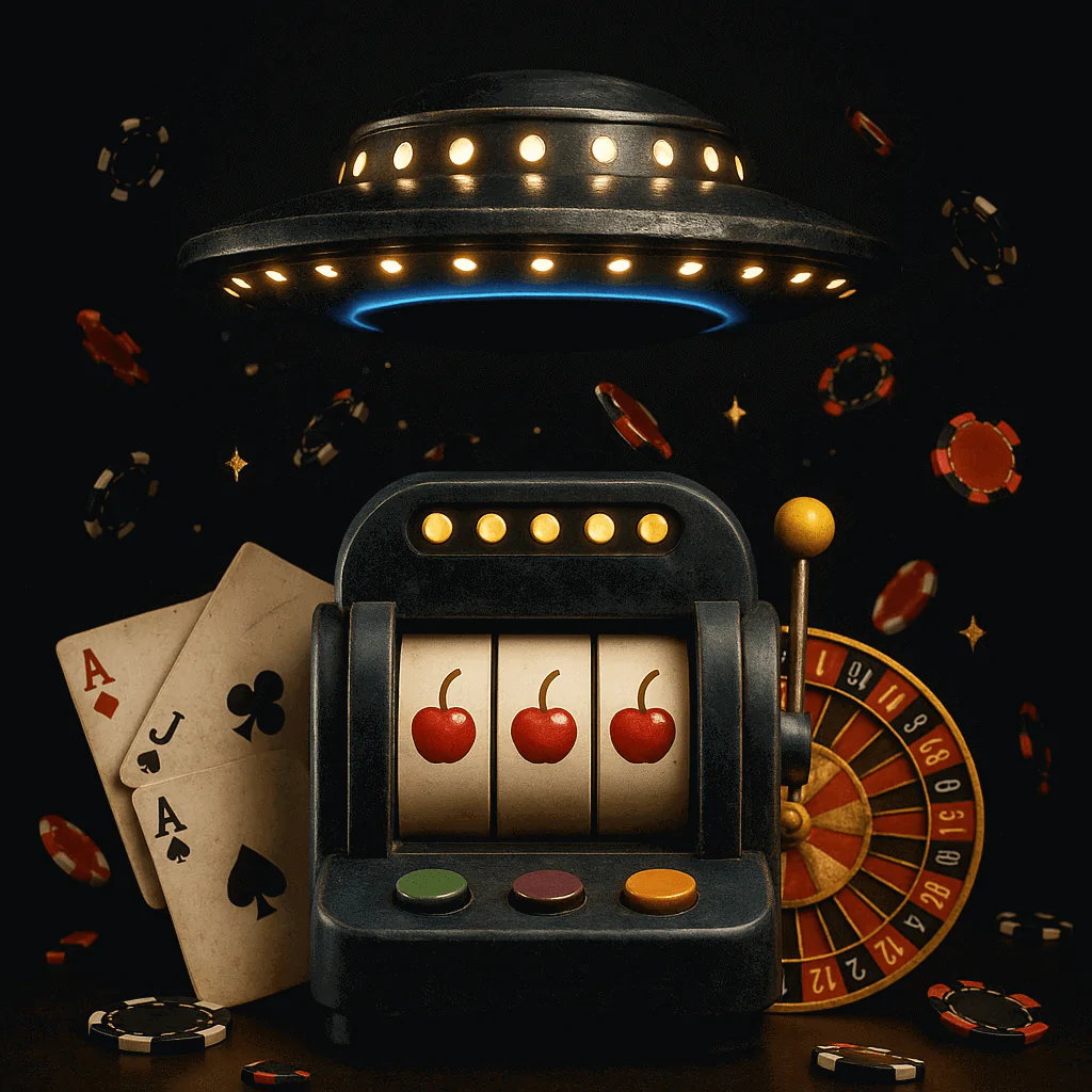 Silverexch casino slot machine with cherries, playing cards, roulette wheel, and poker chips under a glowing UFO