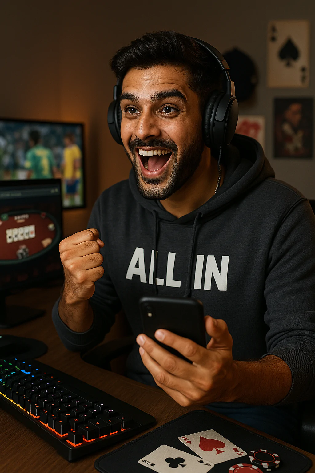A young man wearing headphones and a hoodie that says "ALL IN" celebrates while using an online cricket ID and betting exchange platform on his phone and computer.