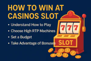 Illustration of a slot machine with coins and text tips on how to win at casinos slot, highlighting strategies like high RTP slots and budgeting.